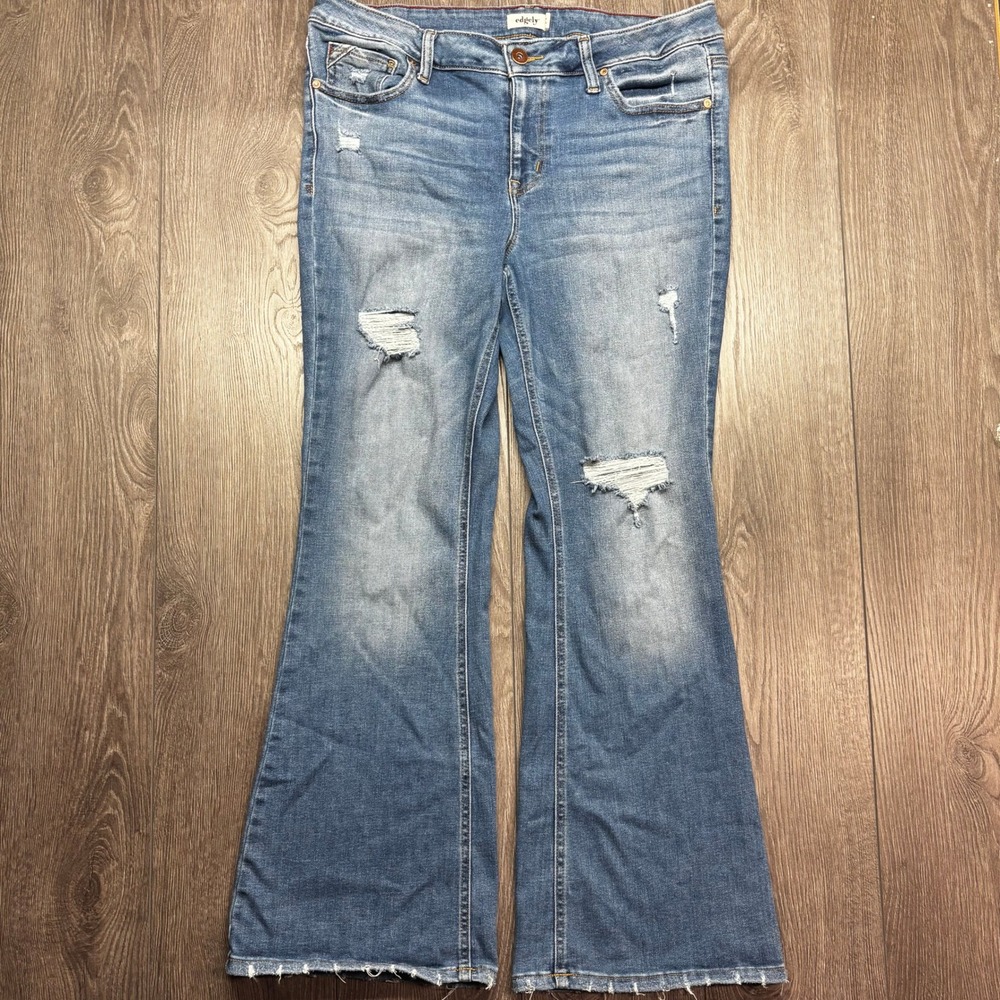 Edgely Flare Jeans Womens 14W Mid Rise Distressed Medium Wash Frayed Hem Denim